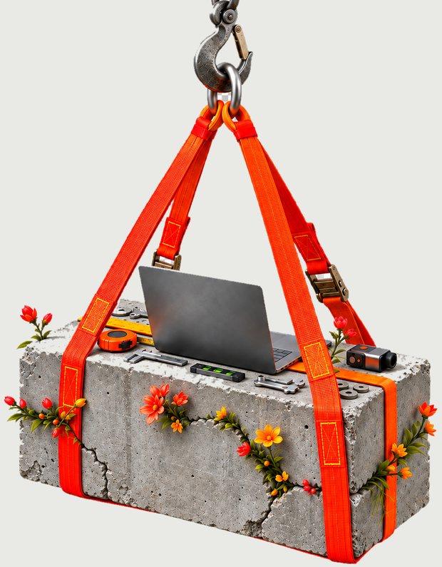 Un bloc de béton suspendu par des sangles de levage, un ordinateur portable et des outils de mesure posés dessus, des fleurs poussant dans ses fissures.